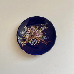 Vintage Miniature Blue Plate with Gold Leaf and Flower Cart Motif - Collectible